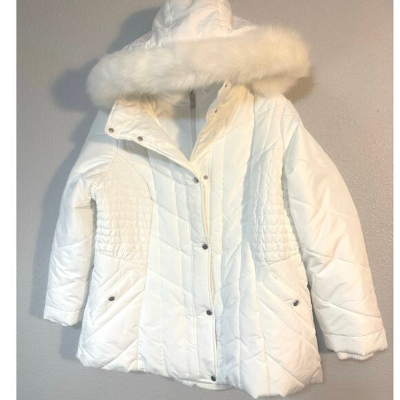 Susan Graver 1X Womens Winter Coat Jacket White Faux Fur Hood Quilted Puffer NWT - Picture 1 of 8